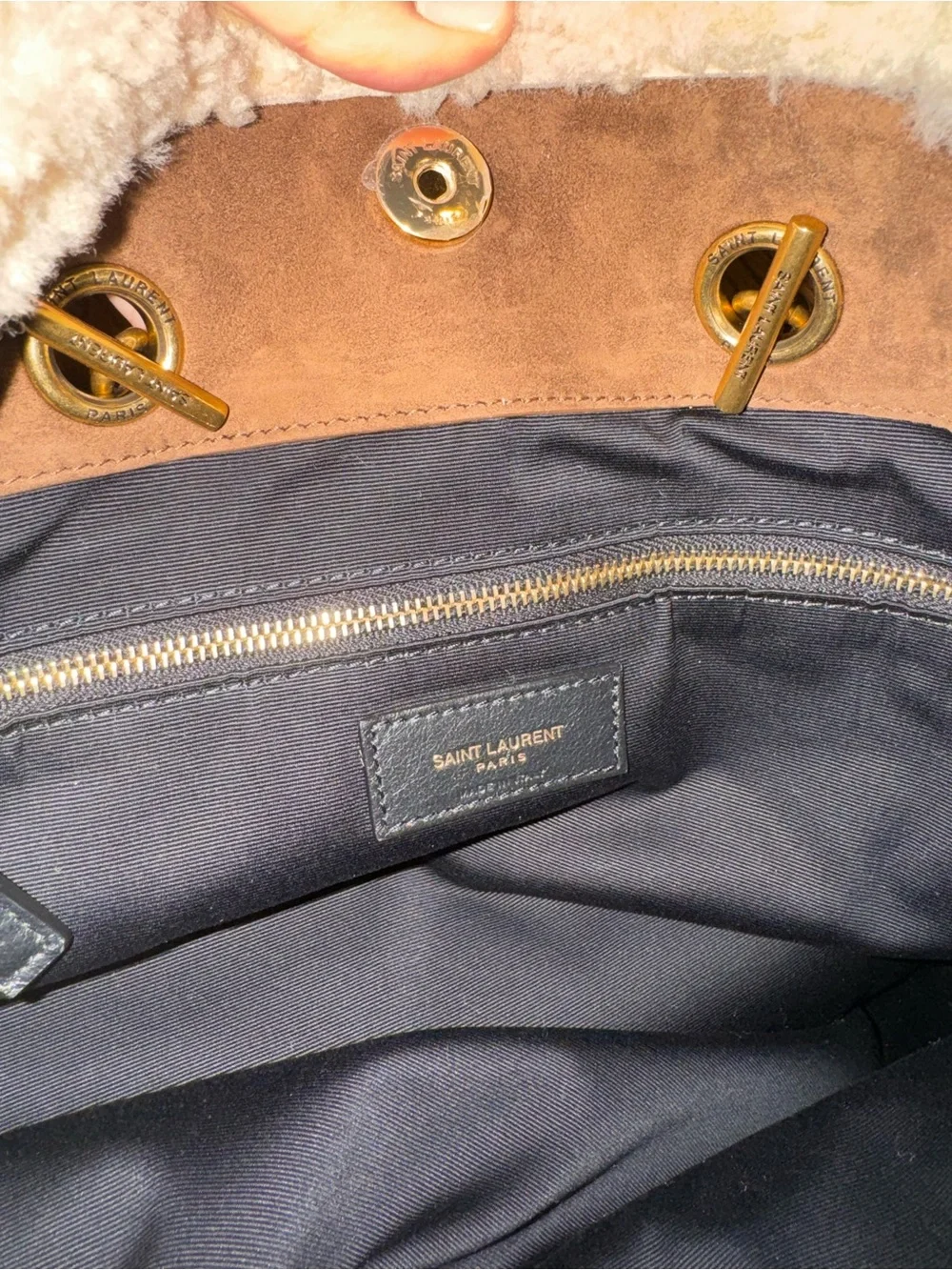 New Saint Laurent Le Pochon Genuine Shearling Trim Shoulder Bag